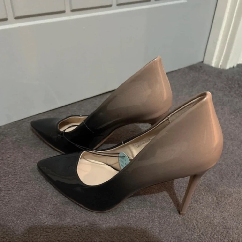 Two-Tone Patent Pointed Stiletto Pumps in Black and Nude